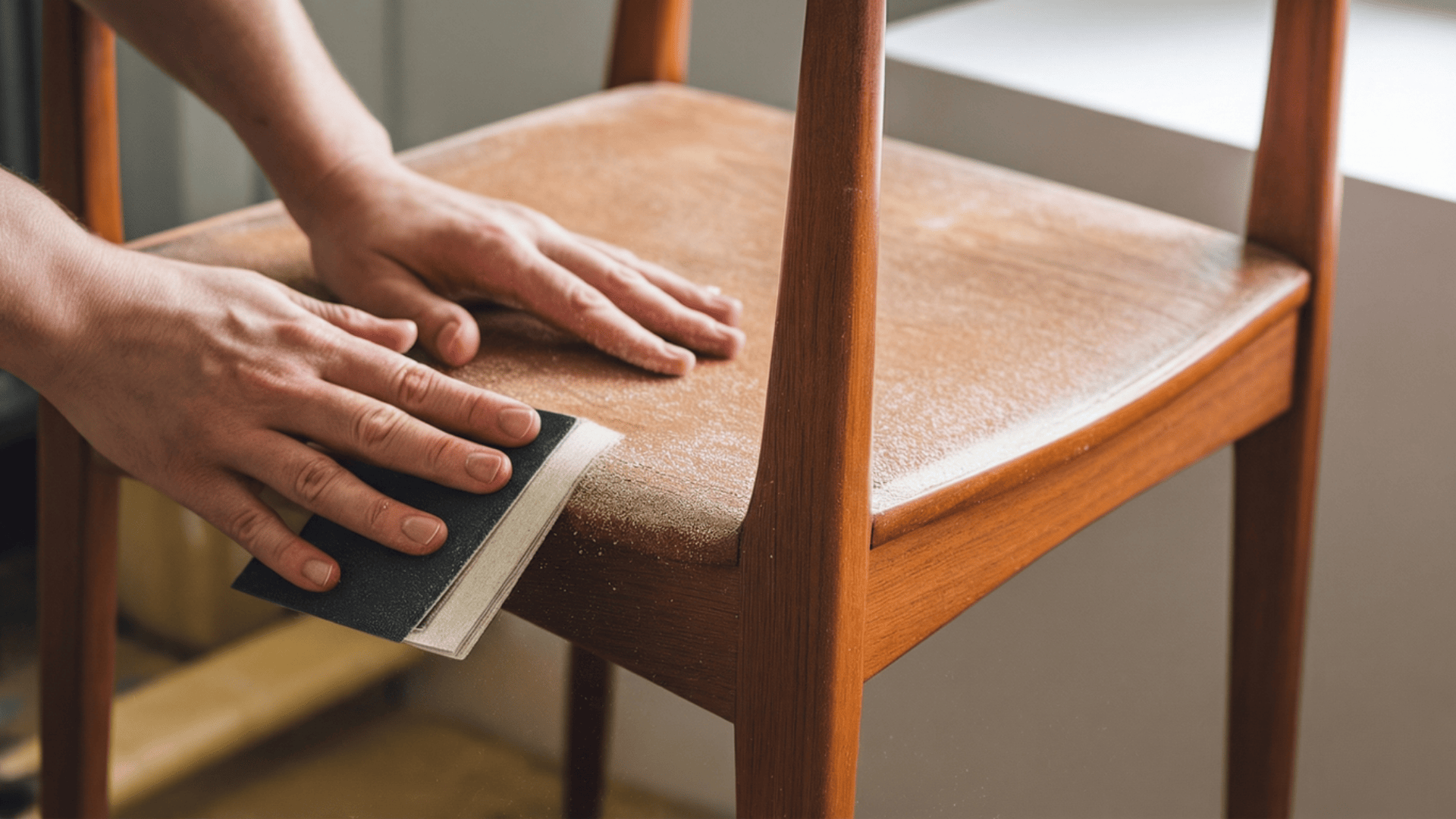 hands sanding the seat of a mid-century teak dining chair with sandpaper, creating fine dust and revealing fresh wood beneath the old dull finish