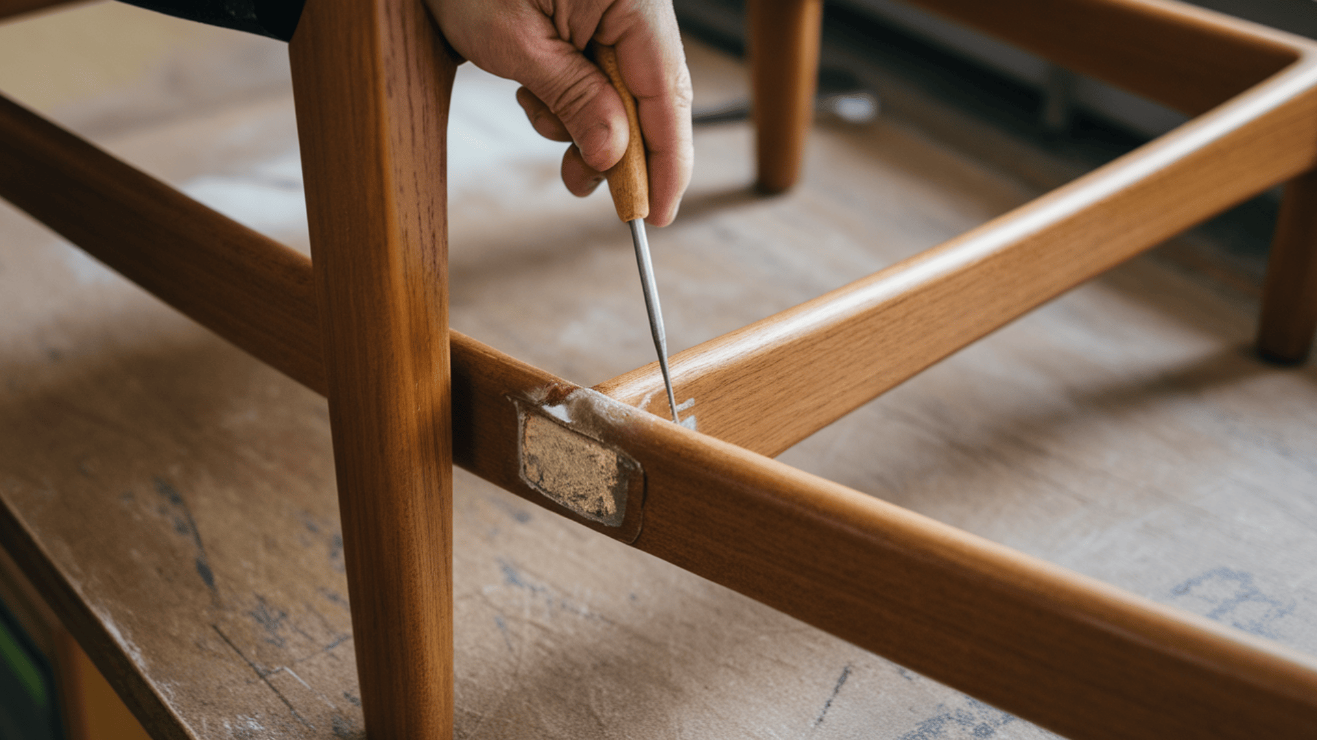 hands scraping old dried glue and wood filler from a disassembled teak chair joint using a dental pick and small chisel