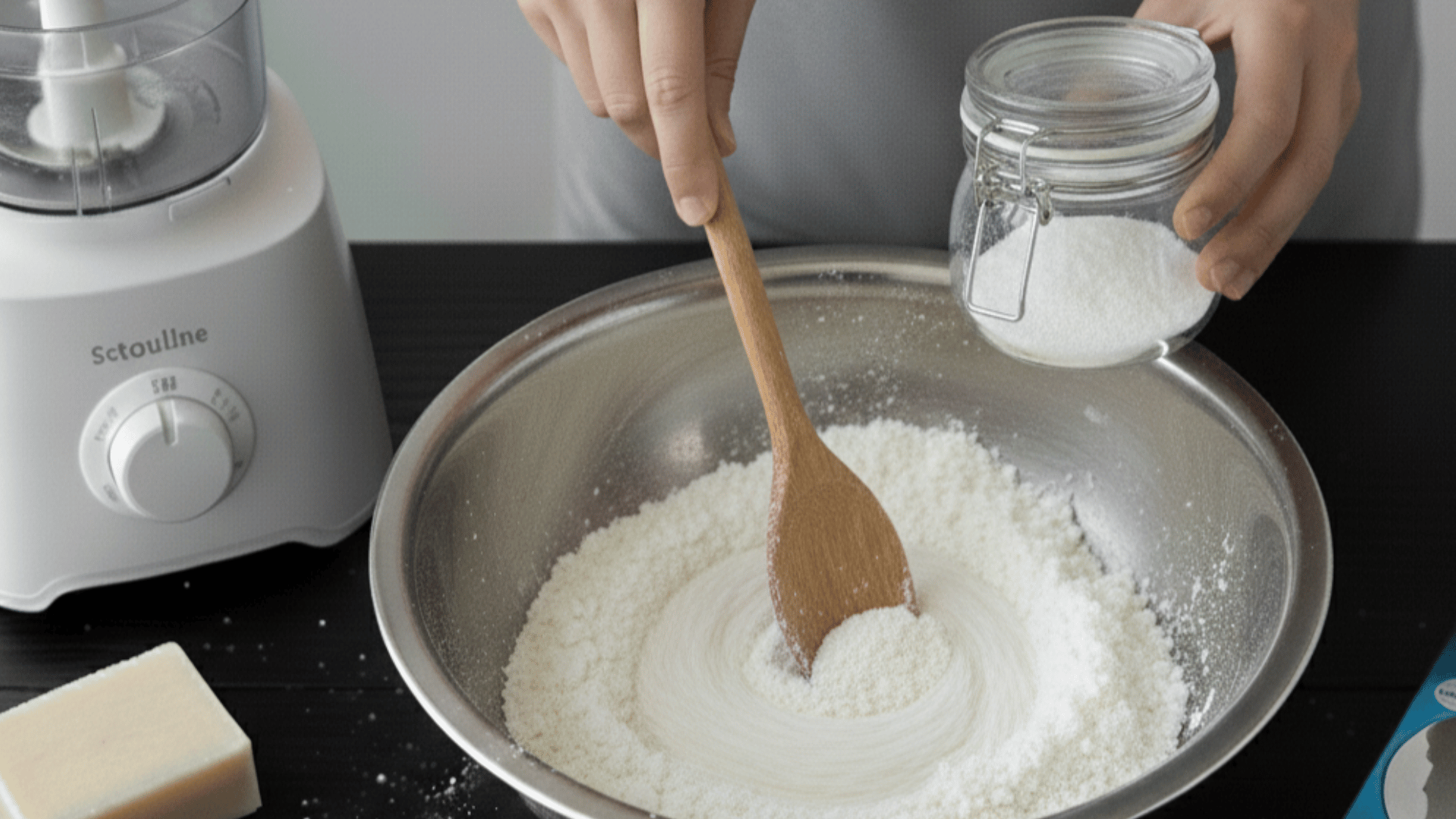 hands stirring a white powder mixture in a metal bowl with a wooden spoon, holding a glass jar of detergent on a dark table.