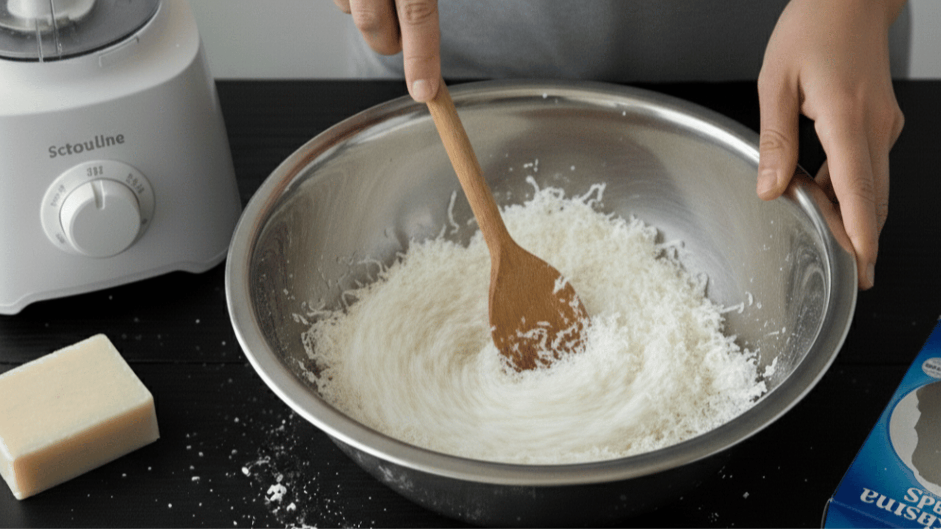 hands stirring a white soap mixture with a wooden spoon in a metal bowl beside a food processor on a dark wooden countertop.