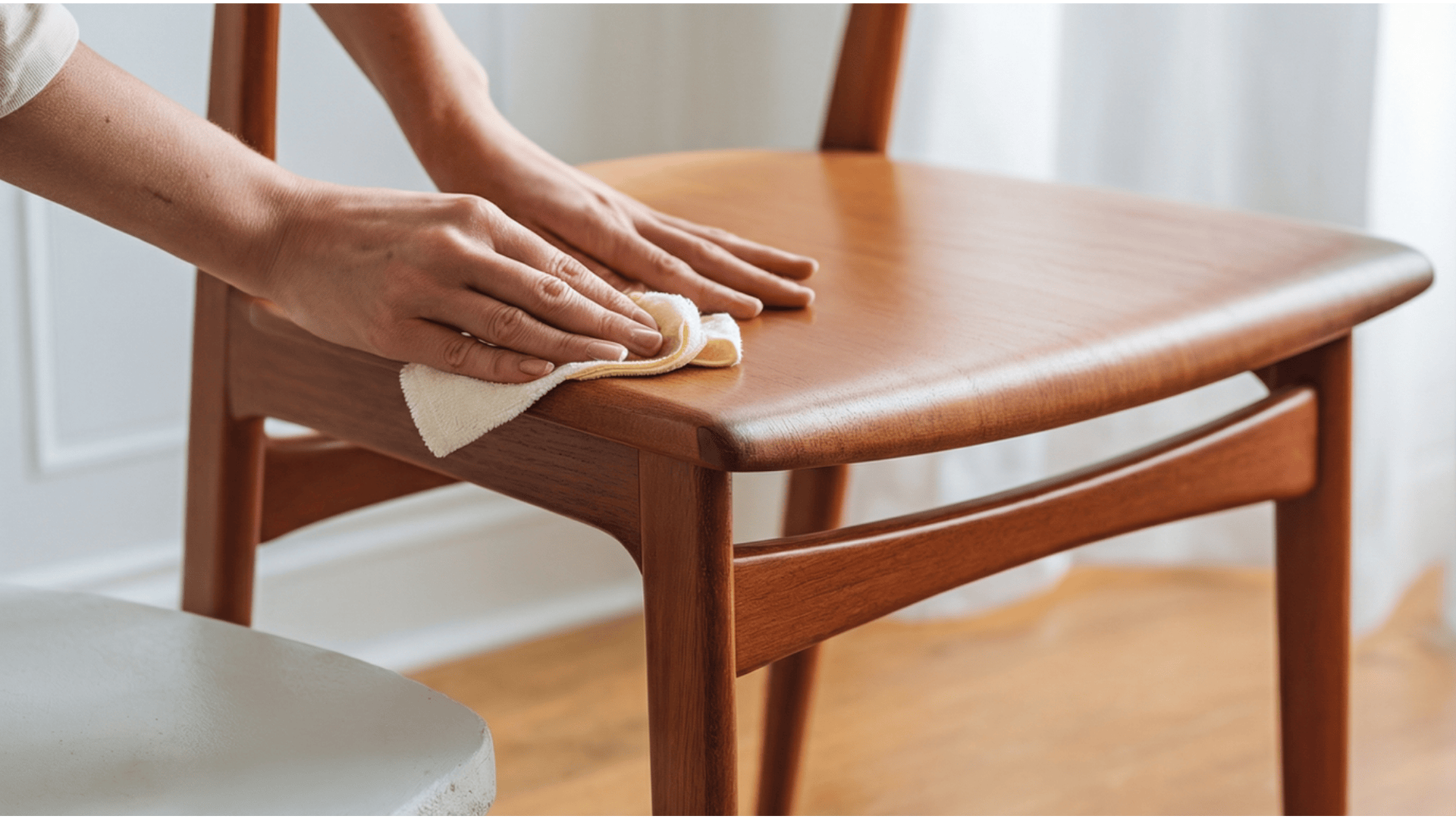 hands wiping a mid-century wooden chair with a soft cloth to apply finish, showing the smooth grain and warm sheen during furniture refinishing
