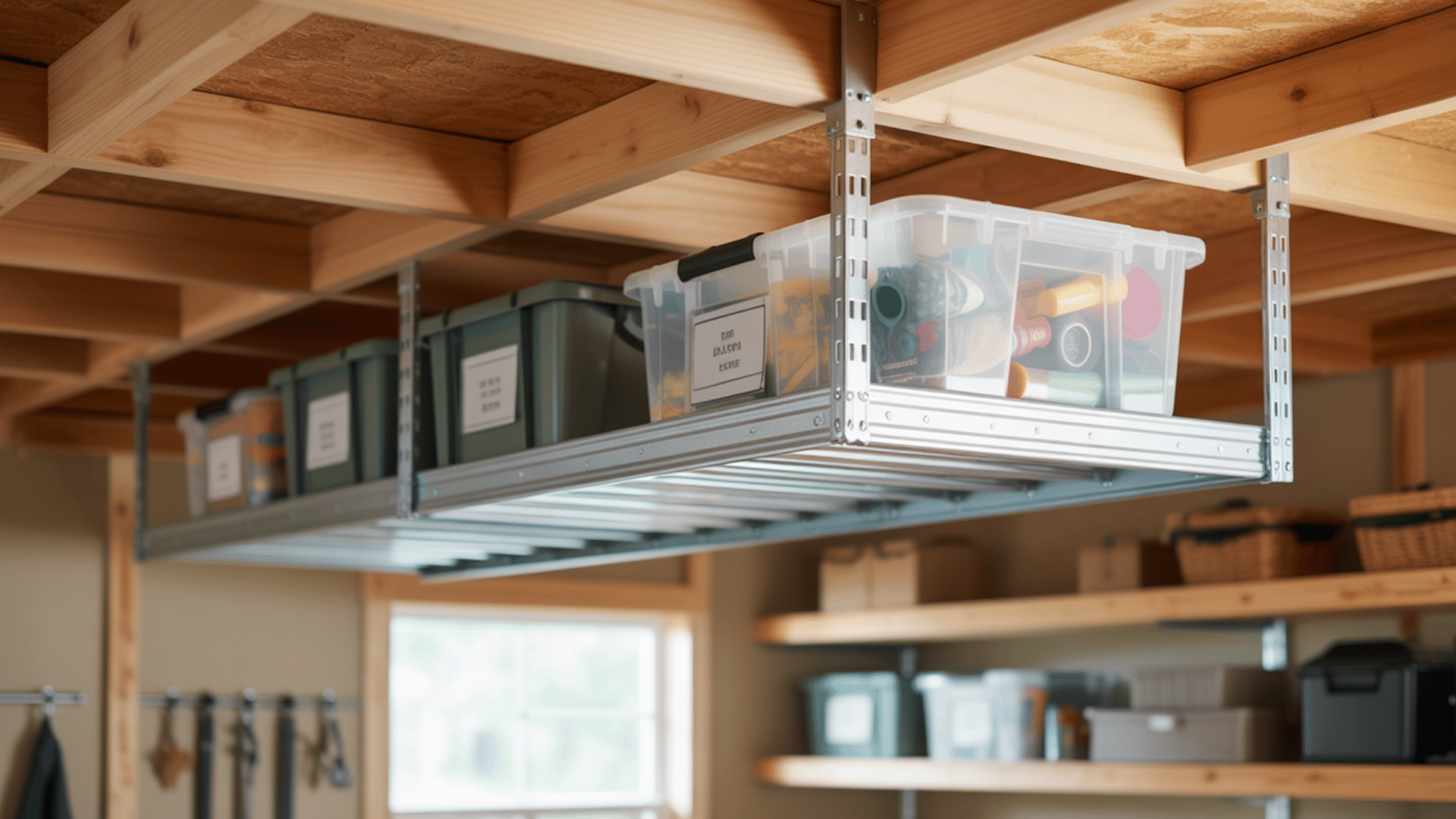 heavy duty metal ceiling storage rack in garage holding labeled plastic bins and containers