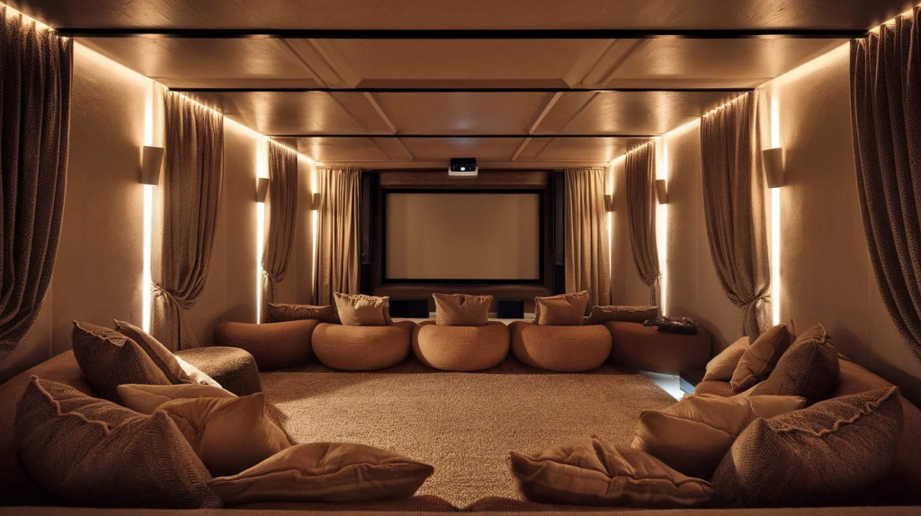home theater featuring rugs and soft textures that improve comfort and reduce sound echo