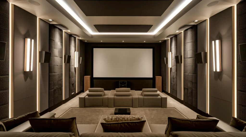 home theater room with acoustic wall panels that improve sound quality and reduce echo