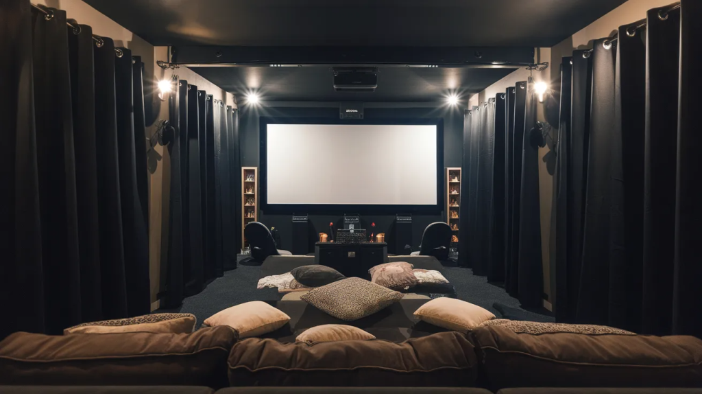 home theater room with blackout curtains blocking outside light for better screen visibility
