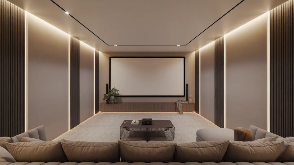 home theater setup with hidden cables and clean walls for a neat and organized look