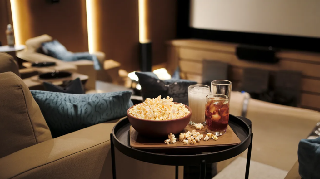 home theater snack setup with side tables for popcorn and drinks during movie nights