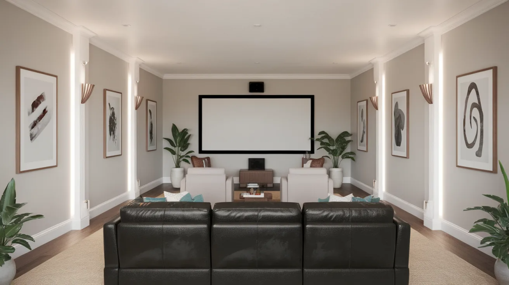 home theater using matte finishes near the screen to reduce glare and distractions