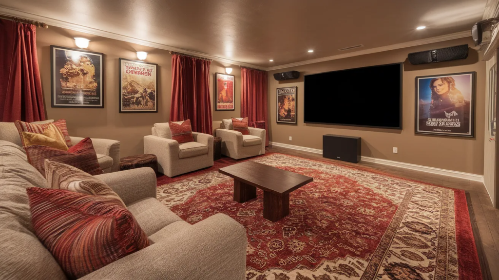 home theater with a large area rug that adds comfort and helps reduce sound echo