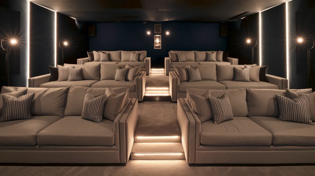 home theater with clear entry path and soft lighting for safe movement during movies