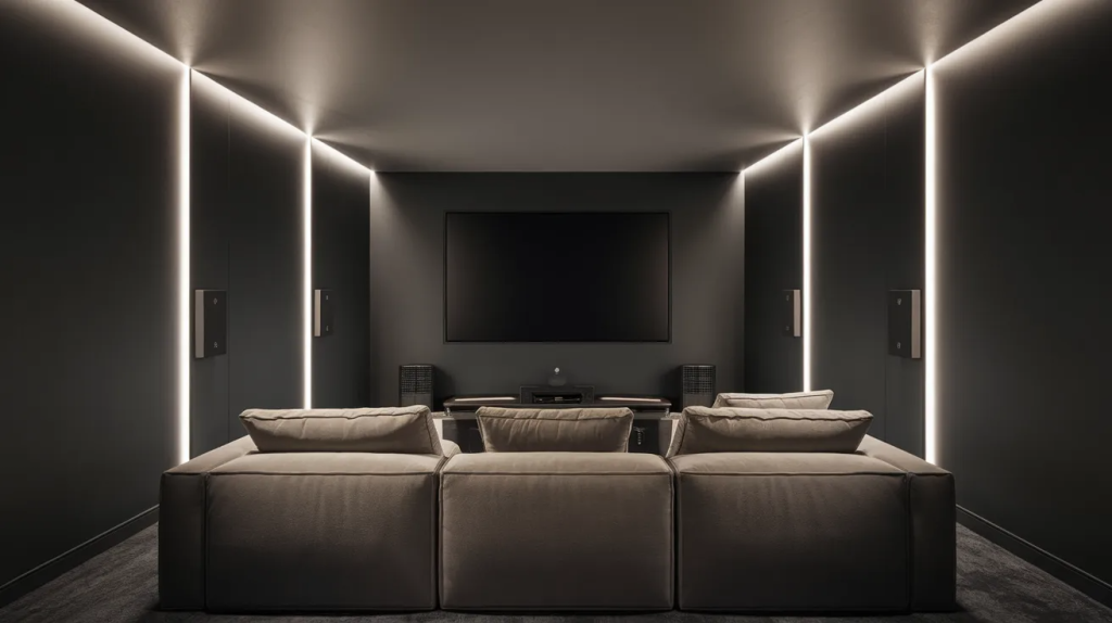 home theater with dark-colored walls that reduce glare and create a cozy, focused movie watching atmosphere