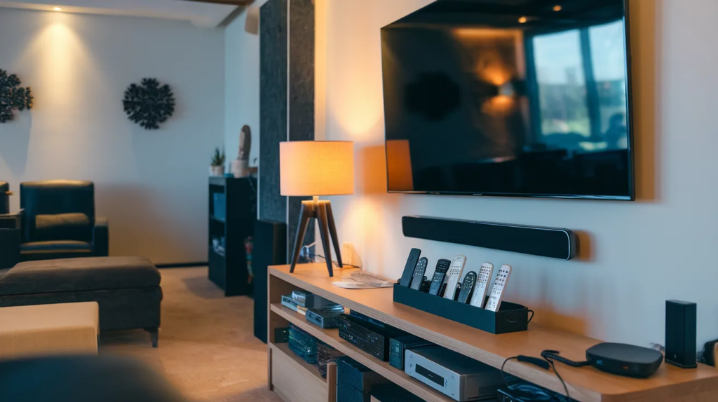 home theater with easy-to-reach controls for lights and sound during movie nights