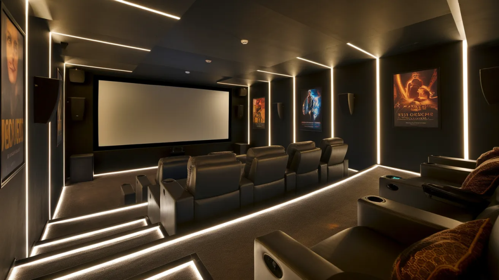 home theater with low-level floor lighting for safe movement without screen glare