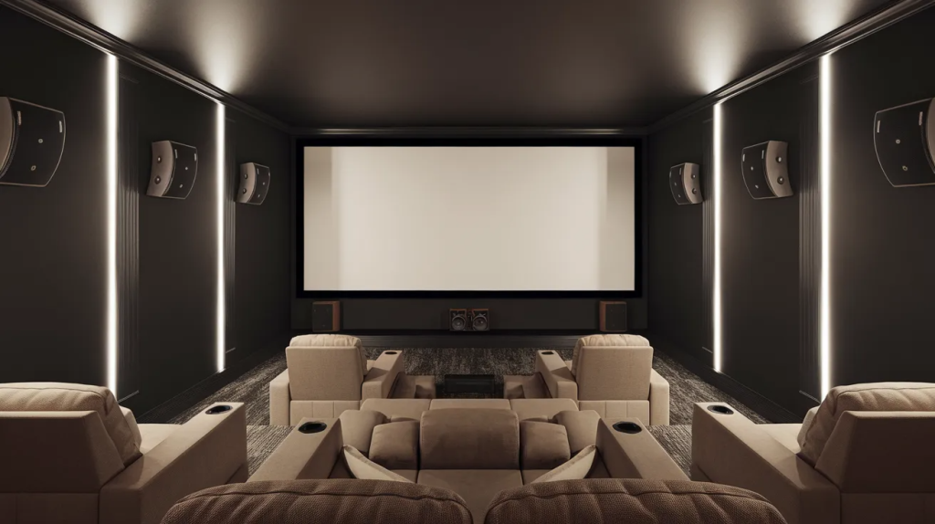 home theater with properly centered screen for comfortable viewing without neck strain