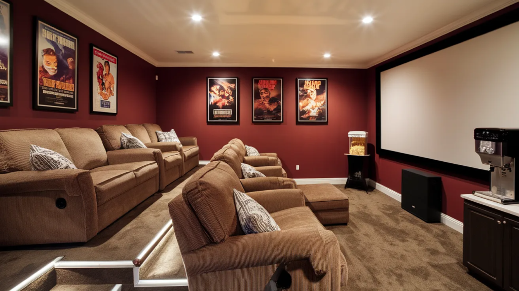 home theater with second row seating on a riser for better viewing during group movie nights