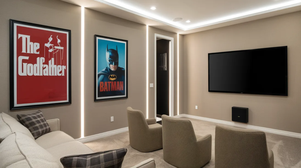 home theater with simple wall decor and framed movie posters for a clean look