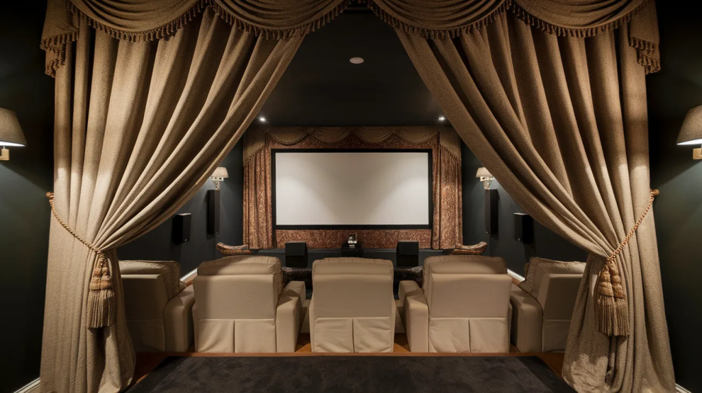 home theater with sound-absorbing curtains that reduce noise and block light