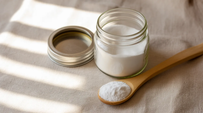 homemade laundry detergent powder in a glass jar with a wooden spoon on a clean kitchen surface, simple and natural setup