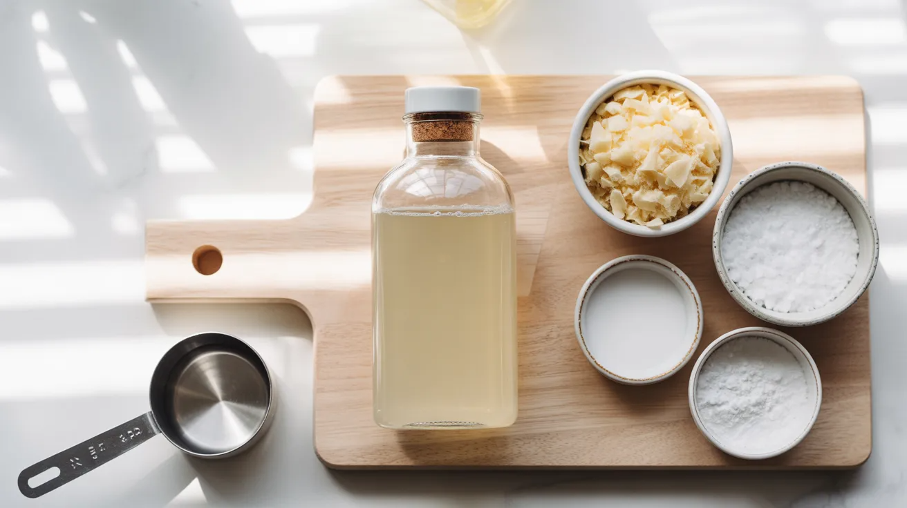 homemade liquid laundry detergent in a glass bottle with measuring cup and ingredients like soap, washing soda, and borax on a table