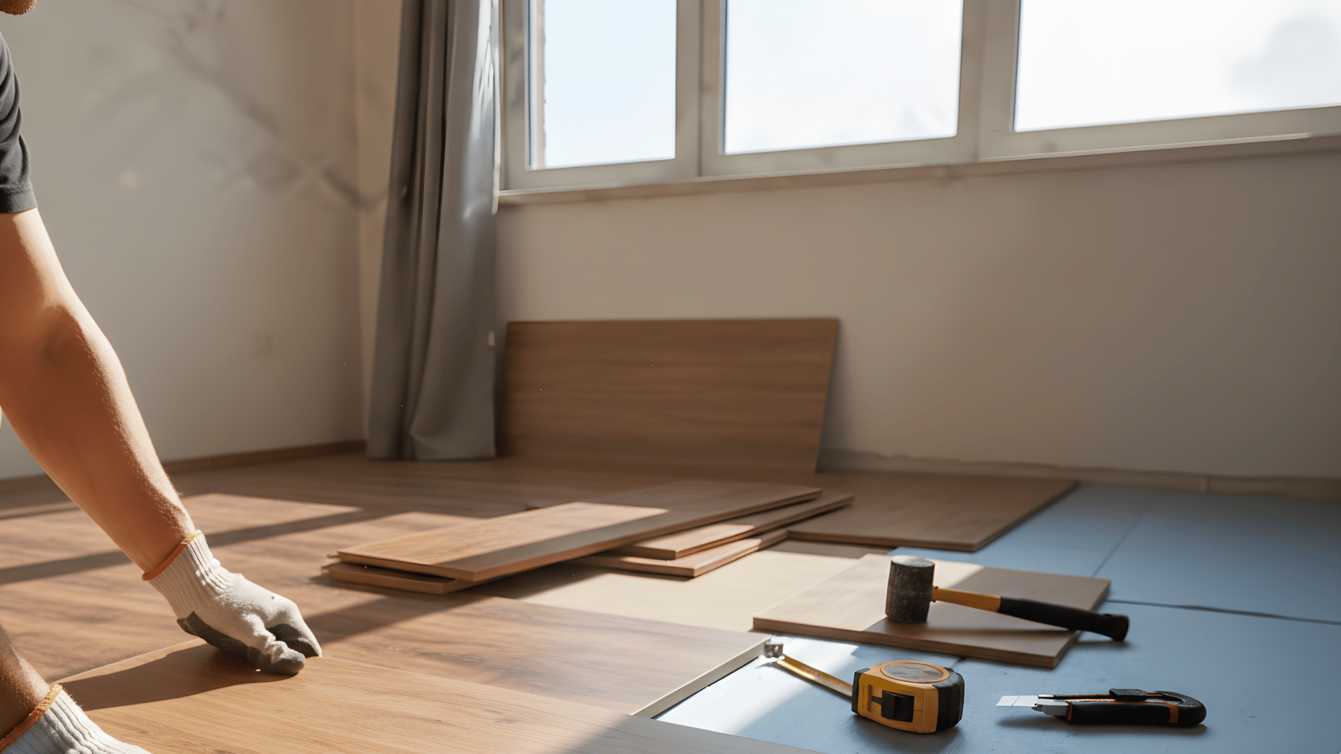 image demonstrating the process of installing laminate flooring, showing a person laying down planks and using tools for a precise fit.