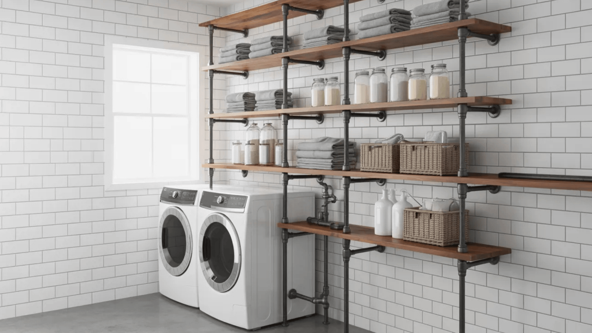 industrial pipe shelves in a white laundry room