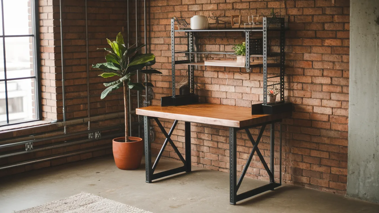 industrial style diy desk combining wood and metal frame in a modern loft style home office