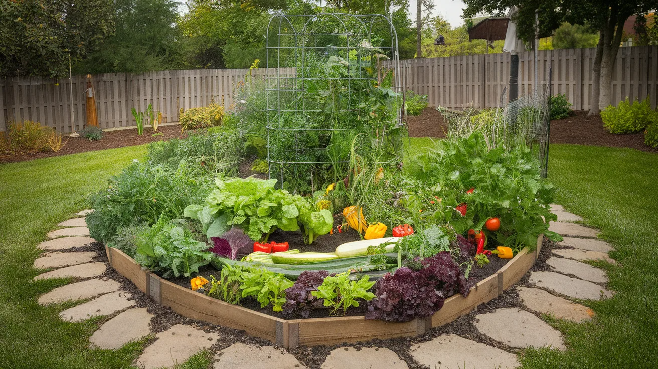 island style vegetable garden layout placed in open space with access from all sides for easy care
