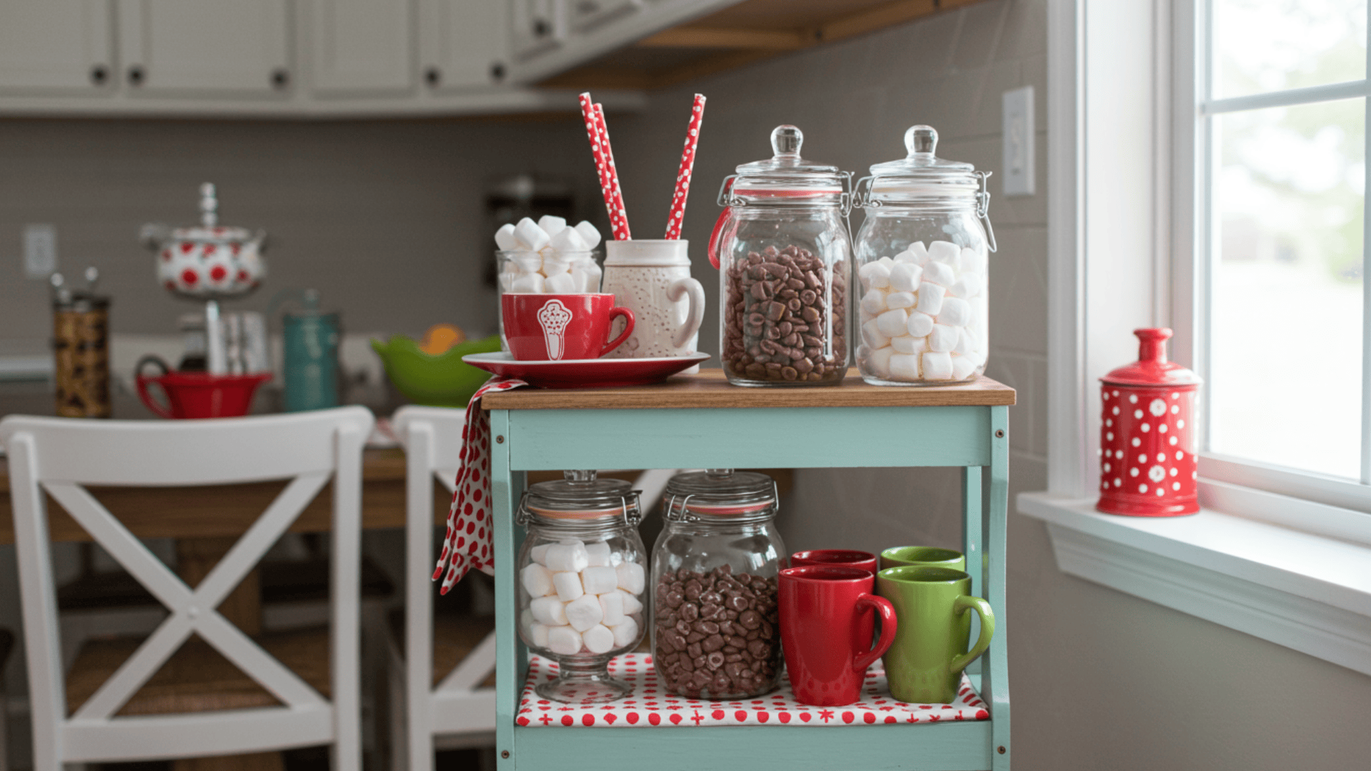 kids friendly hot chocolate station with marshmallows and colorful mugs