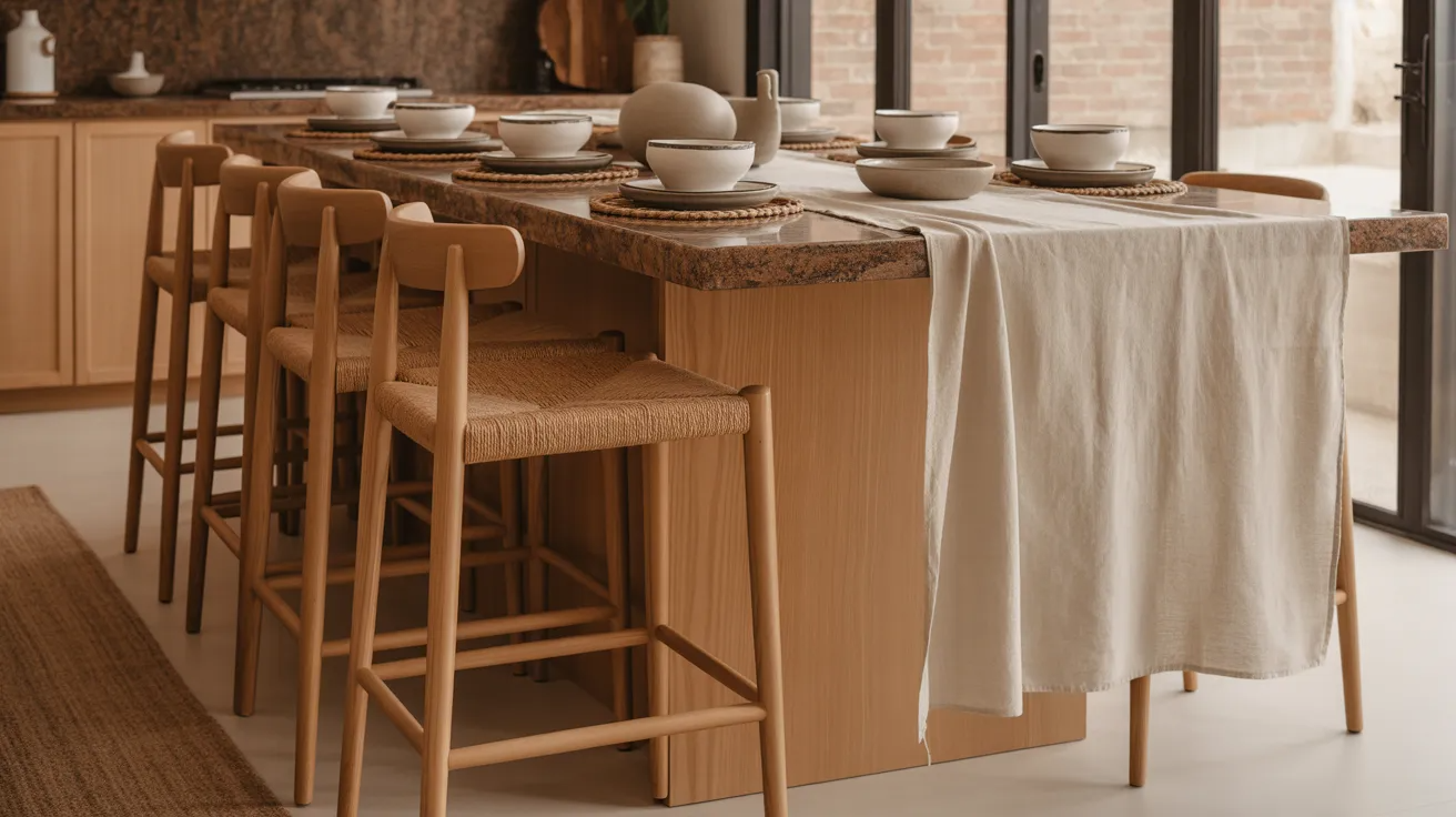 kitchen and dining area with wood stools, stone surfaces, linen textiles, and ceramic accents adding warmth and texture