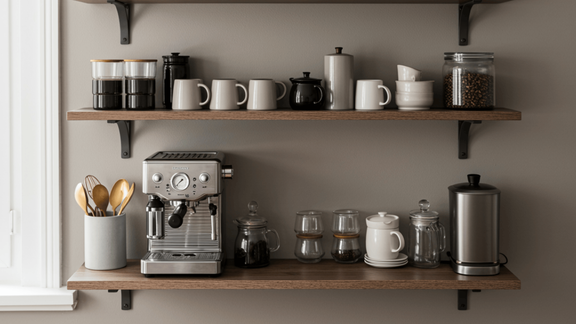 kitchen counter coffee nook with coffee machine and styled accessories