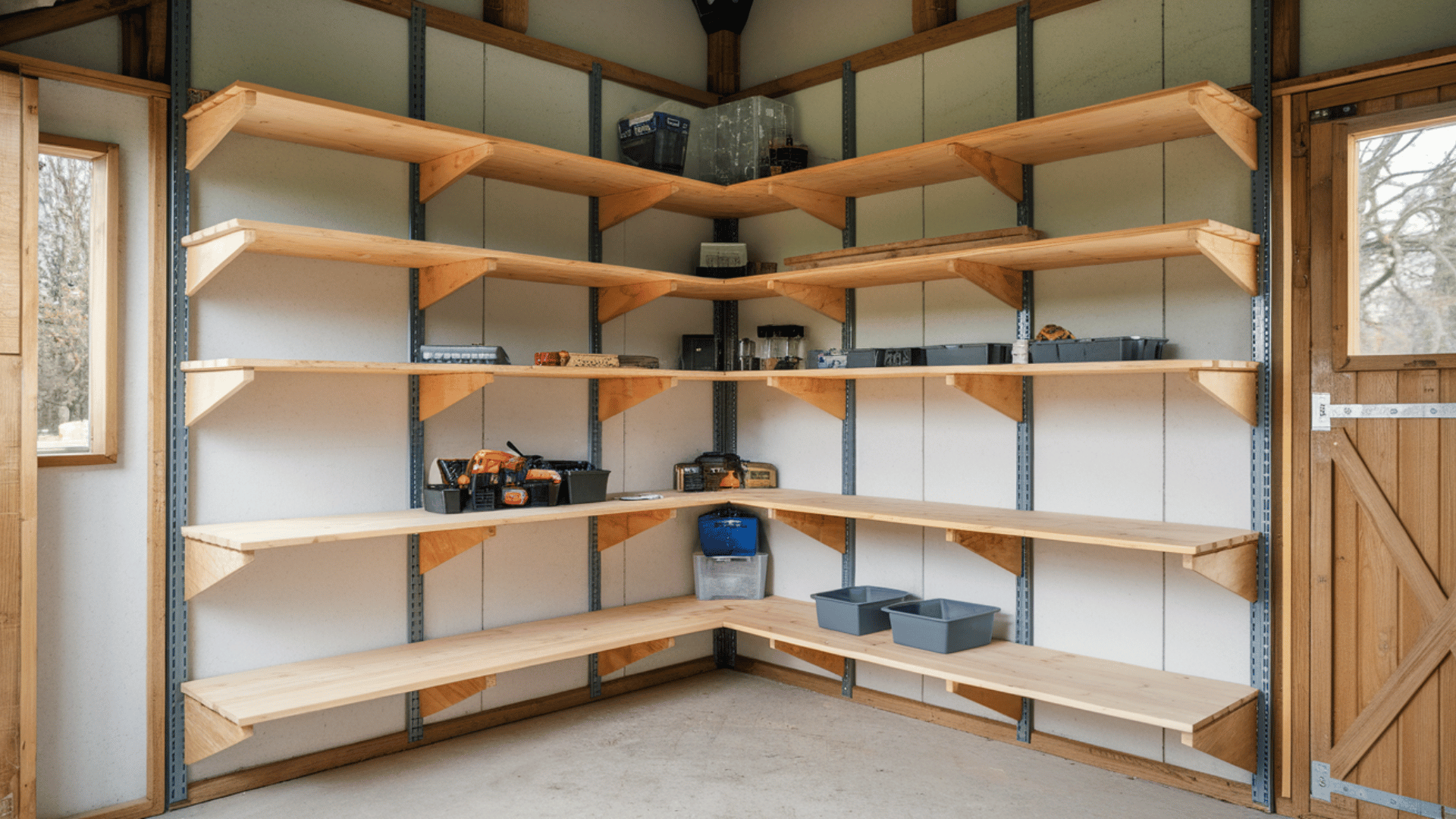 l shaped corner wooden shelving unit in shed with sturdy brackets and a few tools and storage bins neatly arranged.