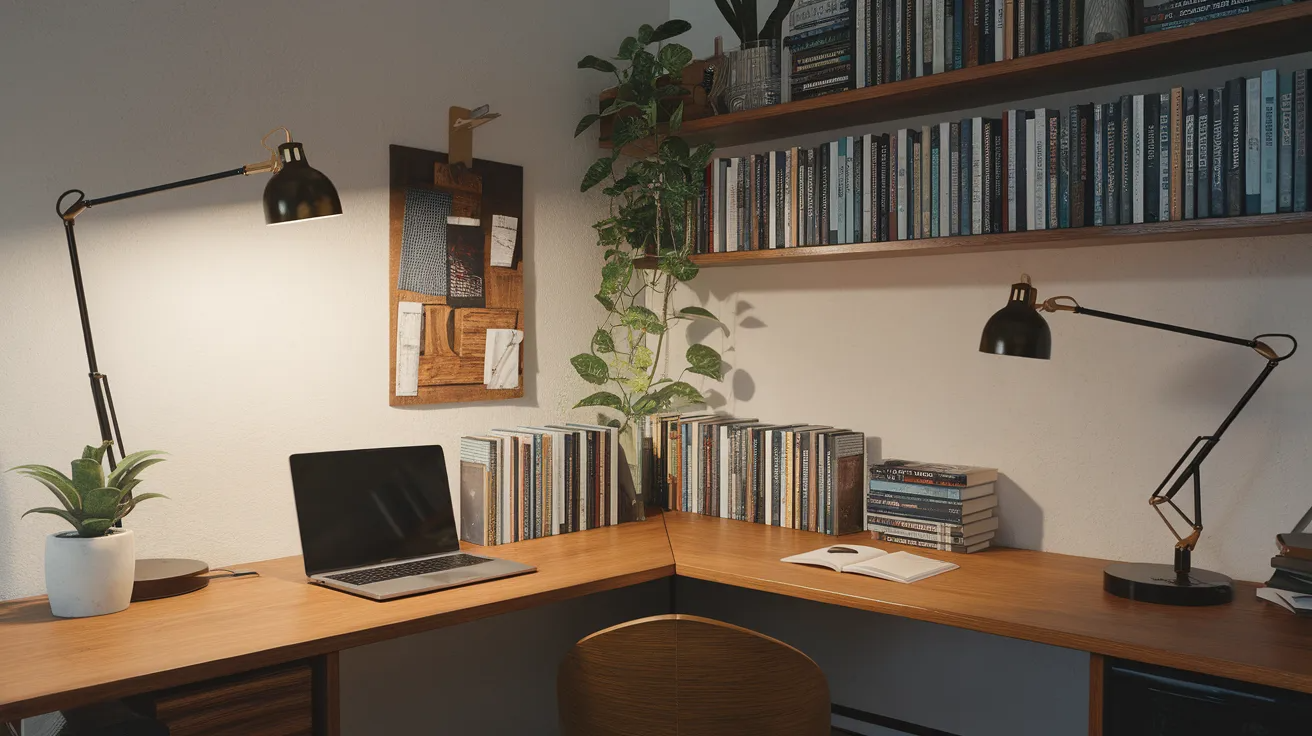 l shaped diy corner desk placed in a home office showing wide workspace and smart use of corner space