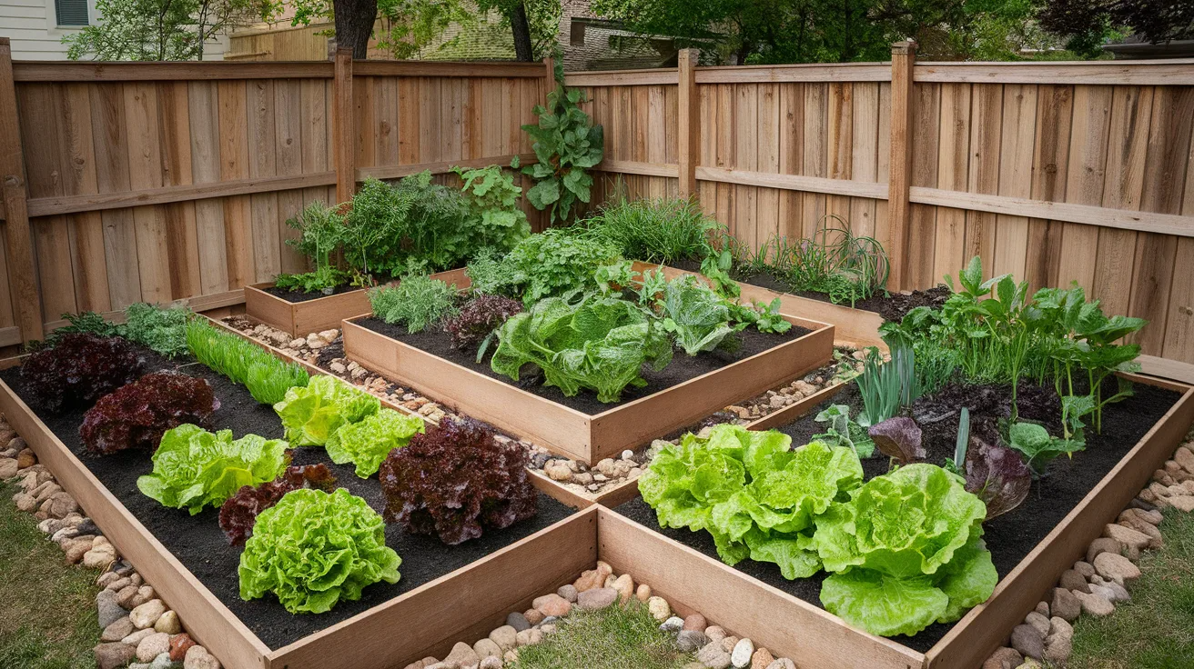 l shaped vegetable garden layout using a backyard corner with raised beds and mixed vegetables growing neatly
