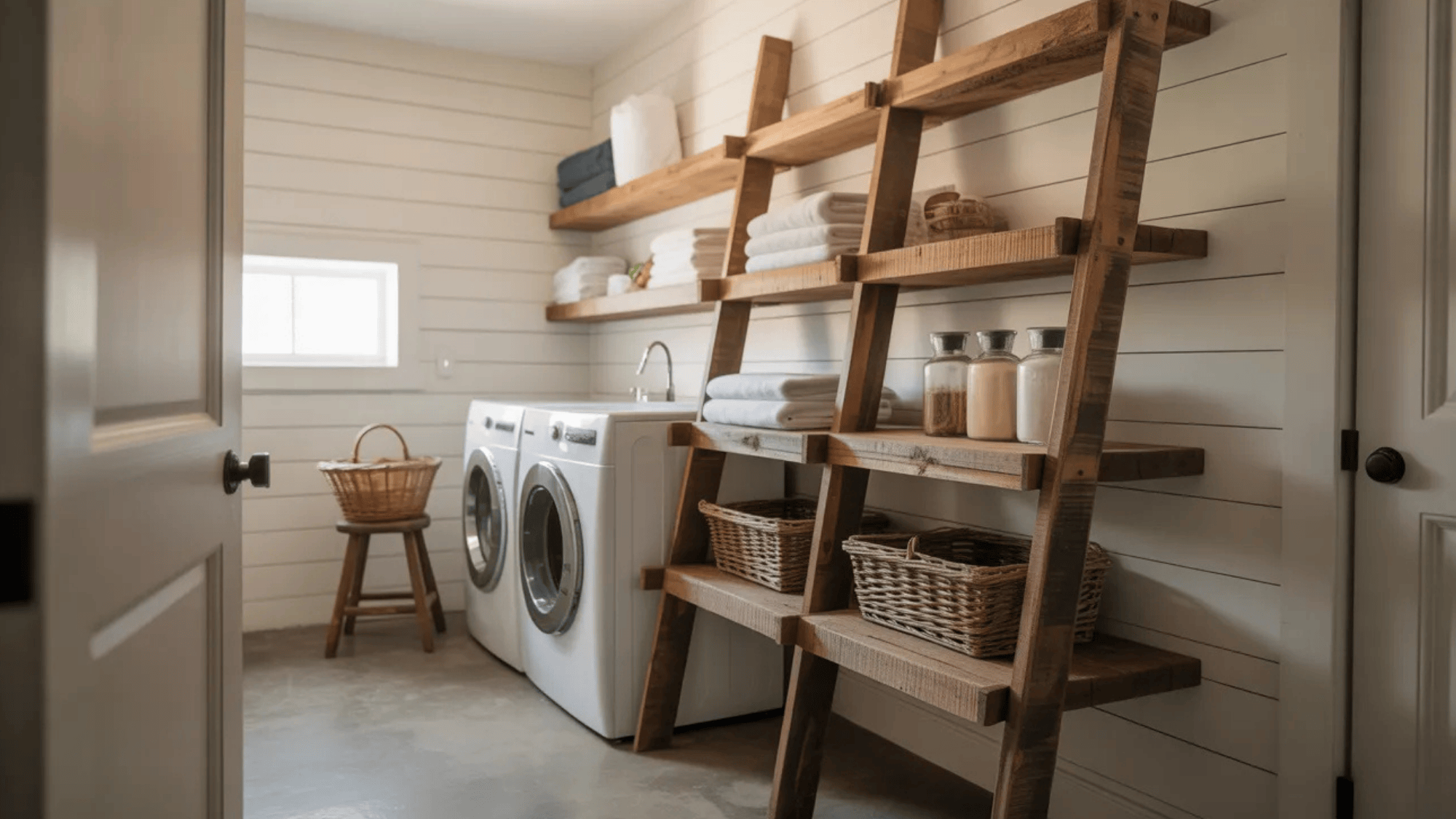 ladder style wooden shelves in a laundry room with neatly organized towels and baskets