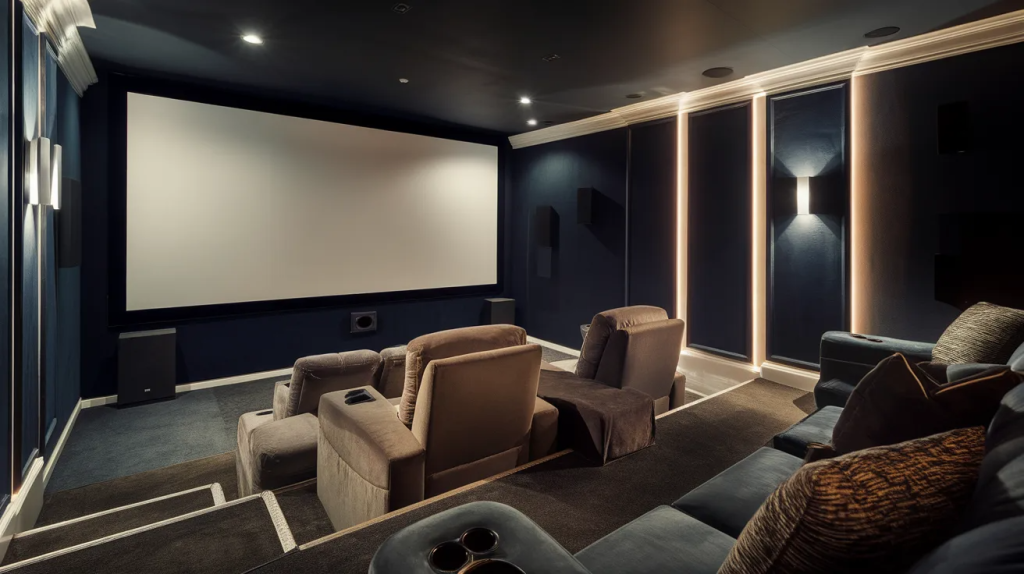 large home theater screen creating a cinema-style movie experience with dark walls and cozy seating for movie nights