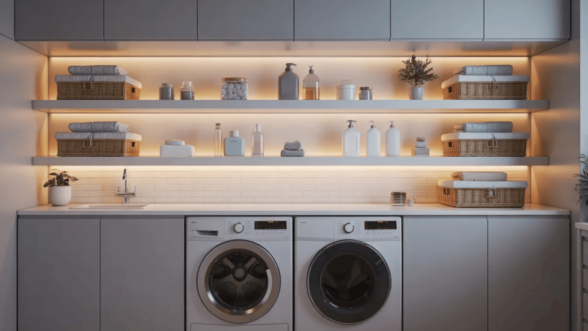 laundry room shelves with integrated LED lighting for a modern and functional design