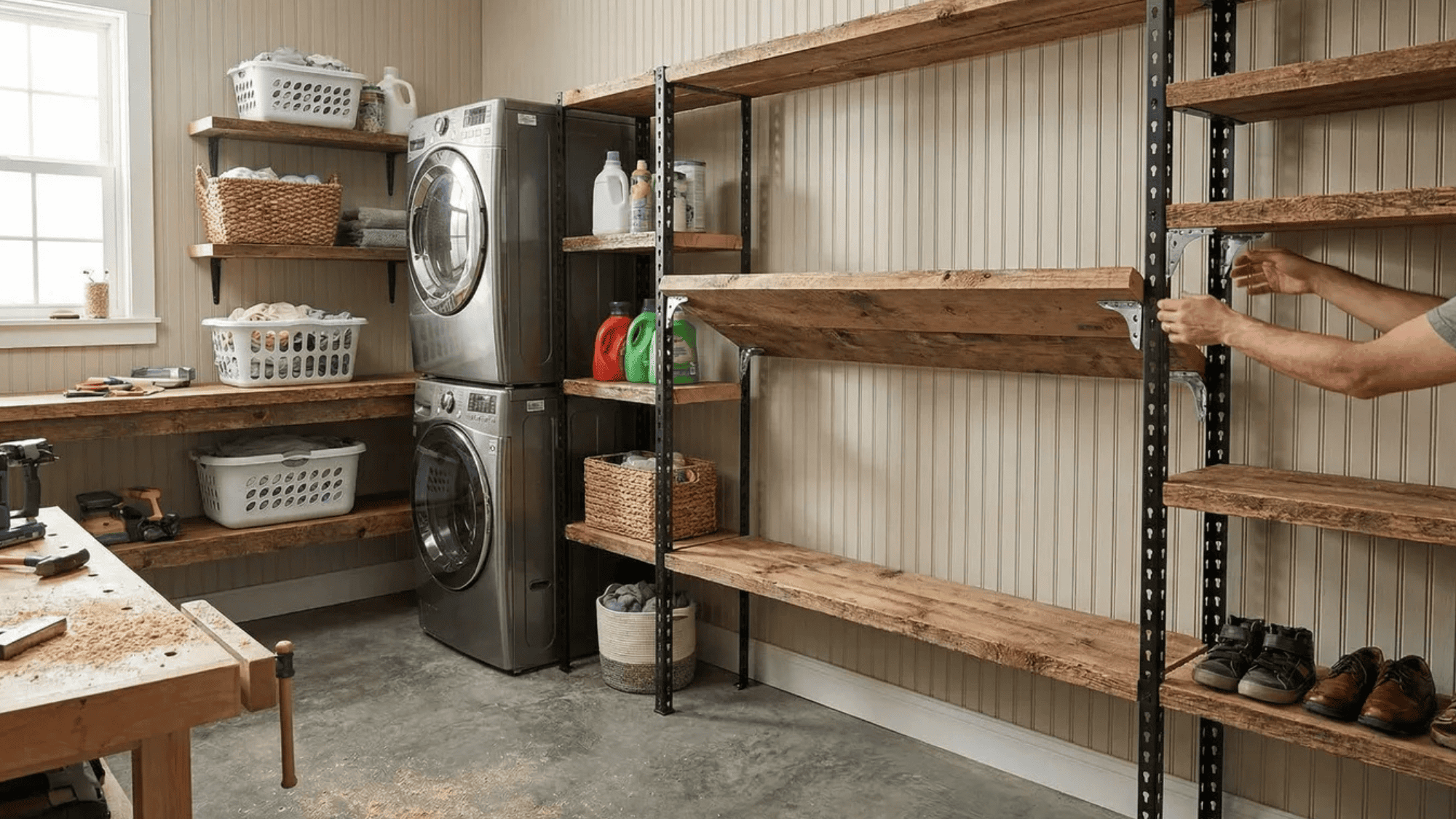laundry room with adjustable shelves supported by black metal brackets, providing storage for laundry baskets and supplies