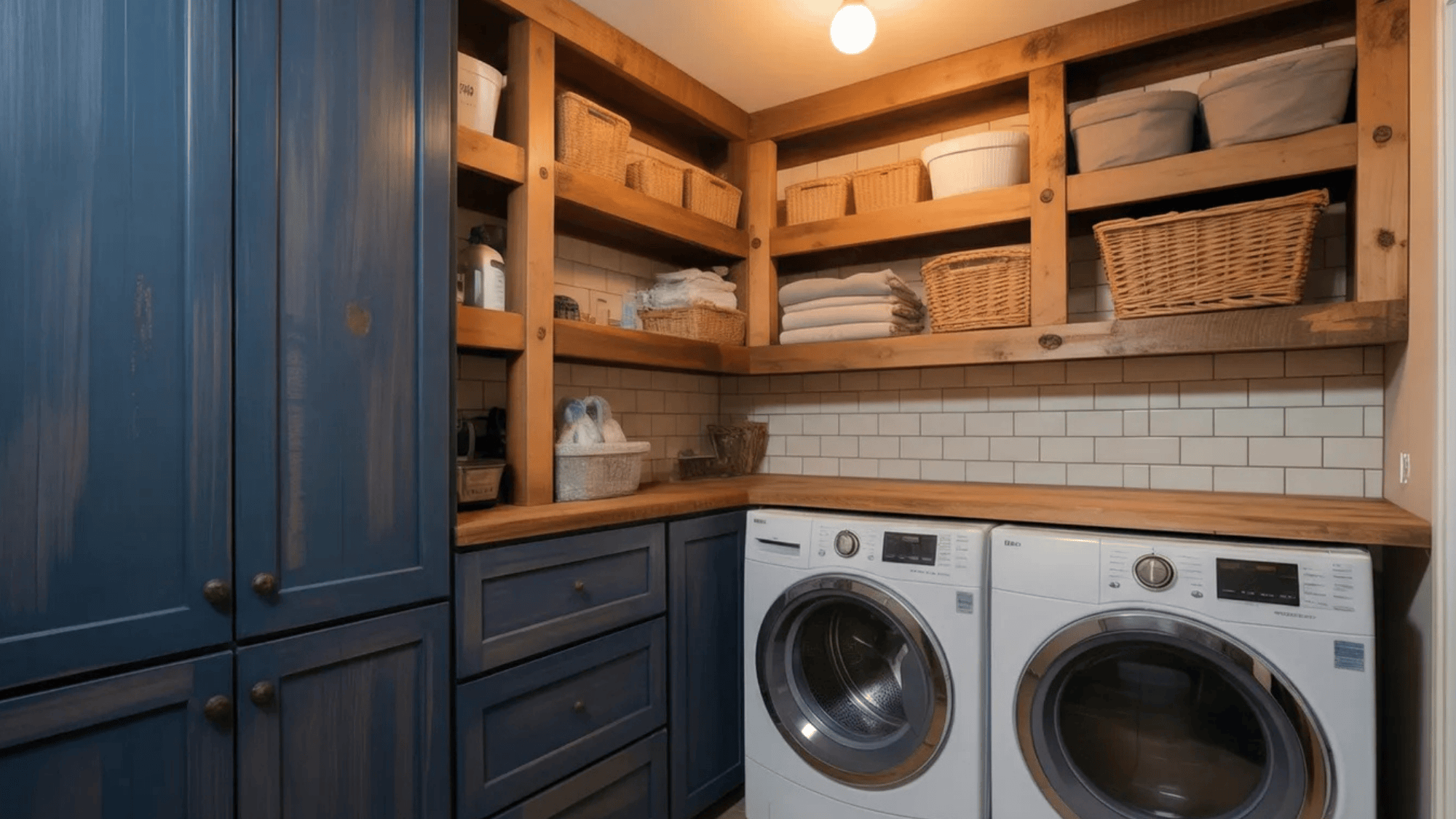 laundry room with custom cabinet shelves, neatly storing towels, detergents, and storage baskets for an organized and sleek look