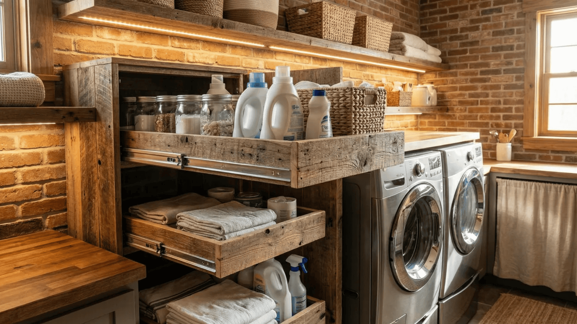 laundry room with sliding shelves for easy access to storage items