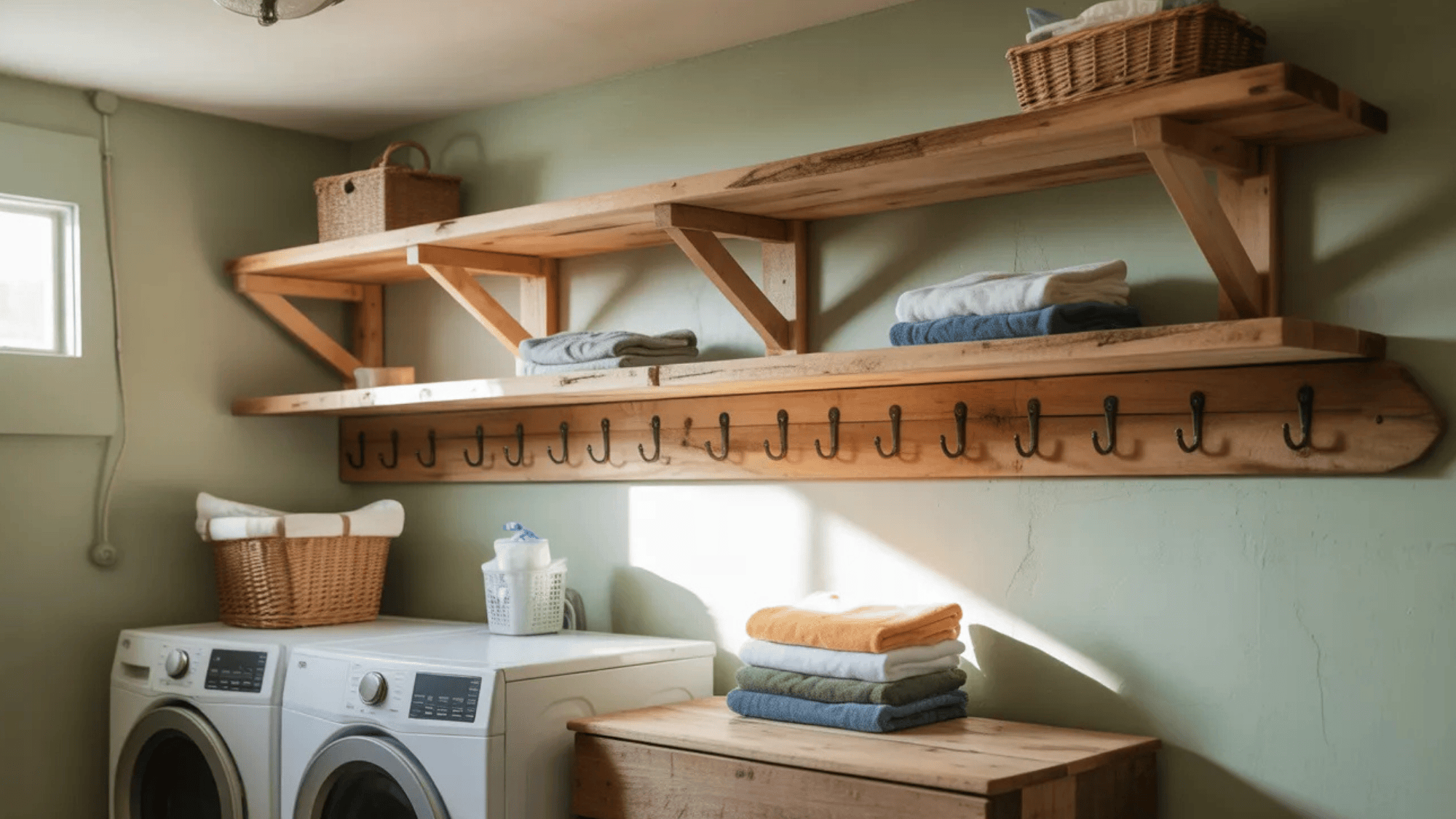 laundry room with wooden shelves and hooks for hanging towels, neatly folded laundry, and baskets