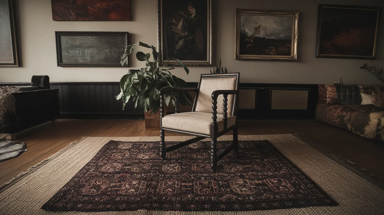 layered rugs in a gothic living room adding texture and warmth over wood floors with moody dark tones