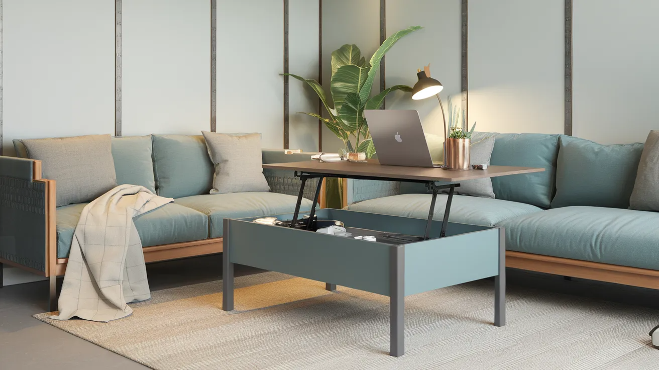 lift top coffee table open with laptop in a small apartment living room