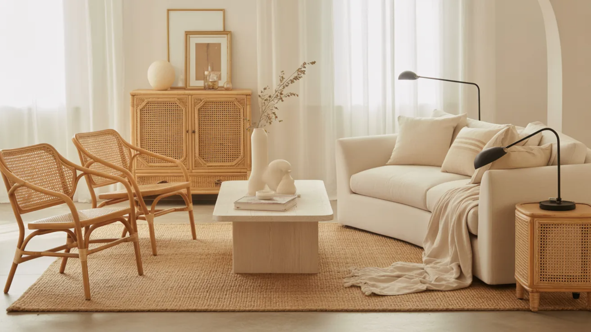 light filled room with woven cane accents