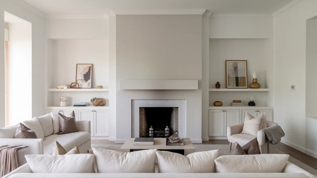 light gray painted fireplace accent wall in a neutral living room with simple decor and clean lines