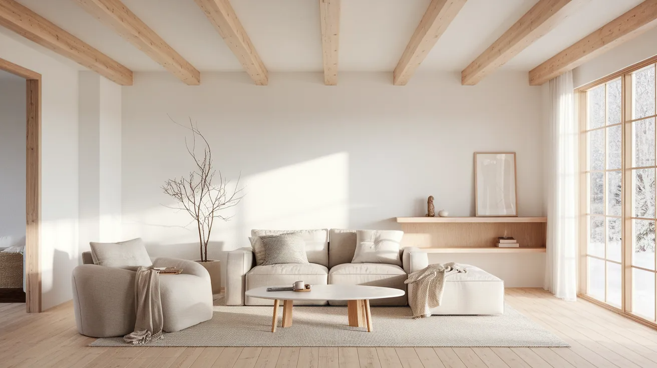 light natural wood ceiling beams in a bright scandinavian style living room with white walls