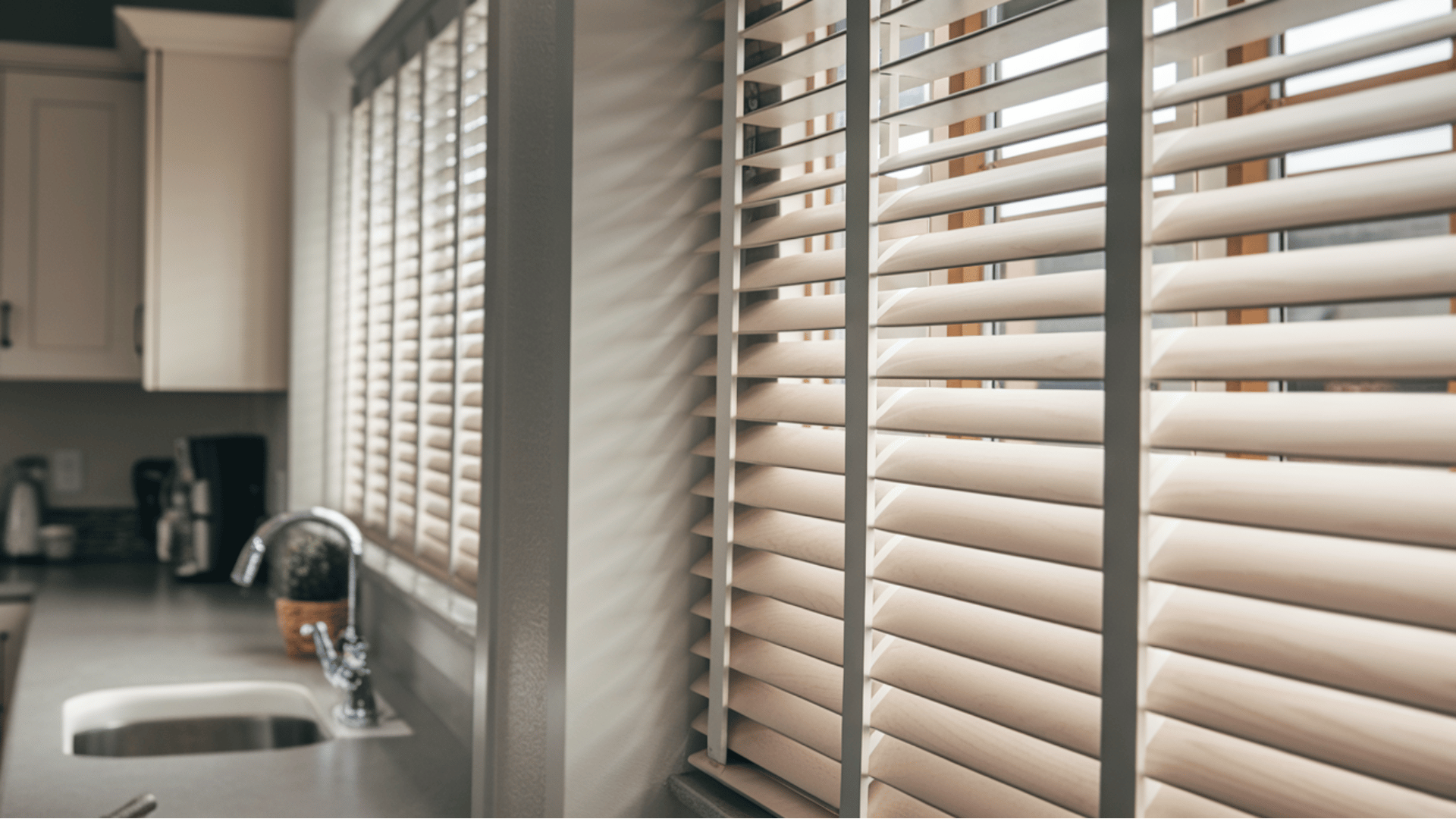light wood faux wood blinds with thick slats installed over a modern kitchen sink and counter in a bright, clean home.