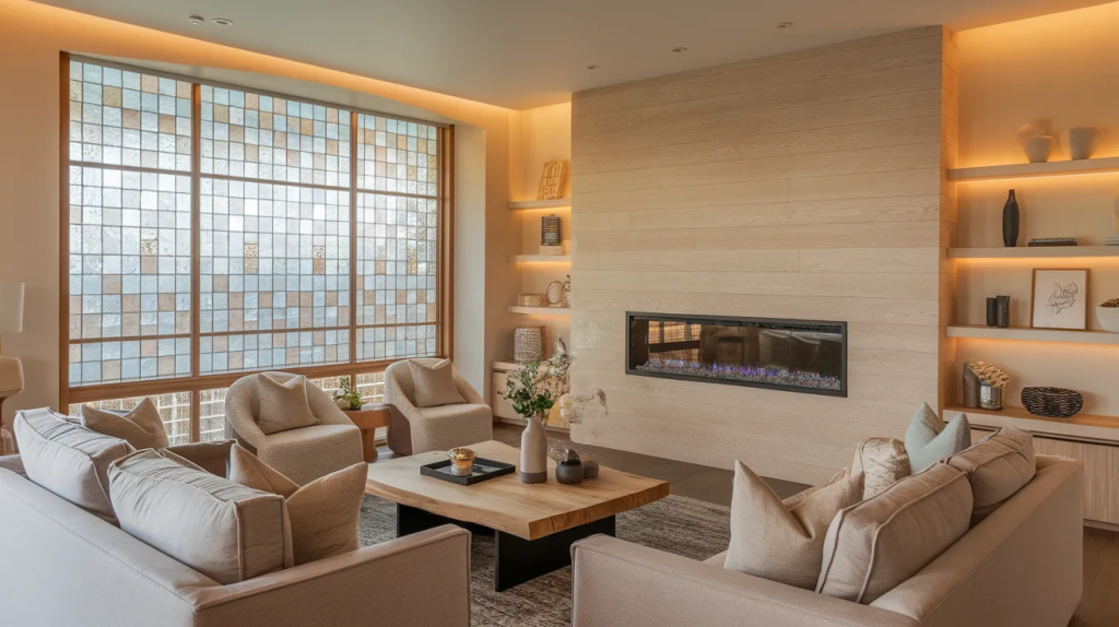 light wood fireplace accent wall adding warmth and texture in a cozy modern living room