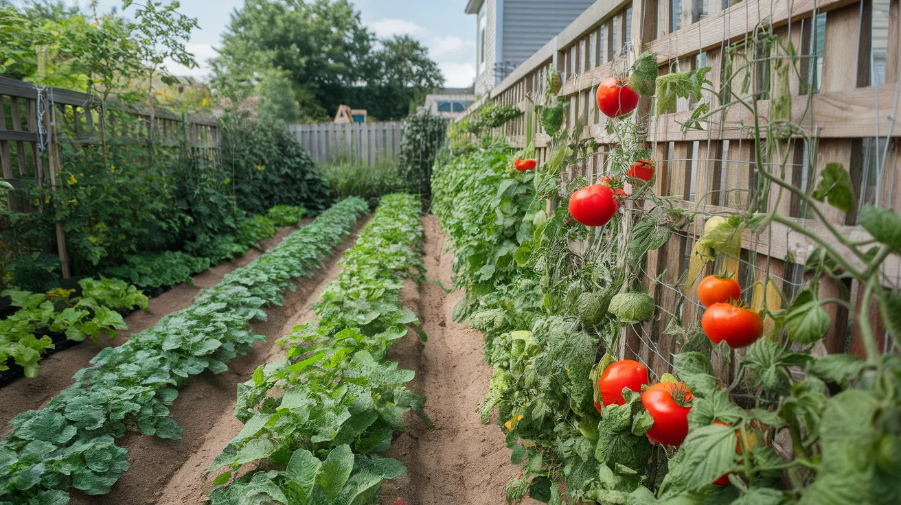 linear vegetable garden layout with neat rows planted along a wooden fence, showing trellised plants and organized garden paths