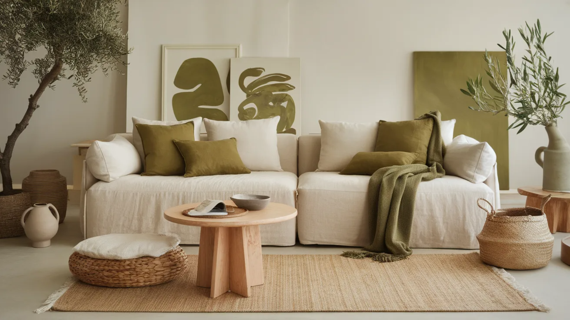living room styled with olive linen accents