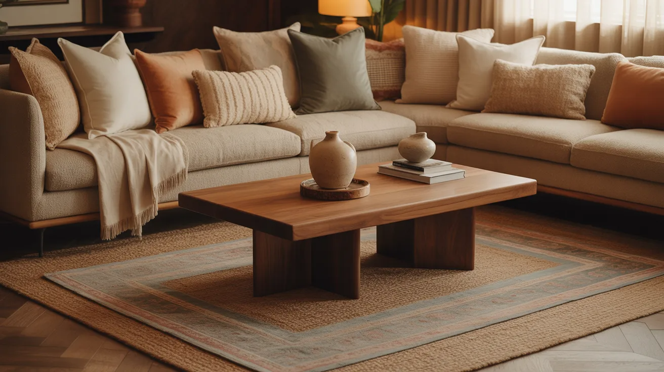 living room with layered rug, textured cushions, fabric sofa, and wood furniture creating depth and a warm, inviting feel